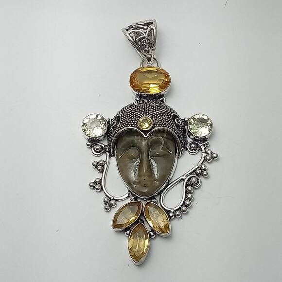 Sterling Silver Bali Goddess Pendant with Citrine and Prasiolite Gems - Picture 2 of 9